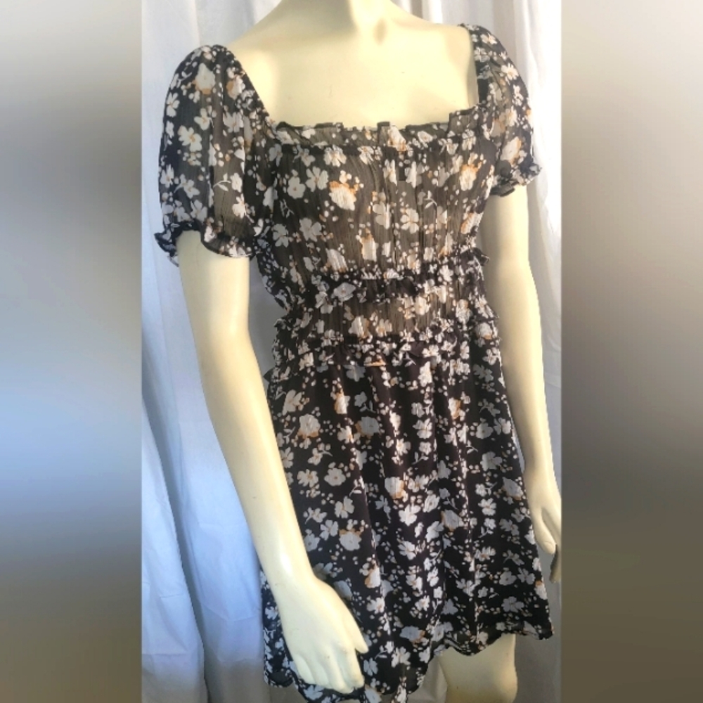 Trixxi Womens Black Floral Peasant Mini‎ Dress Cottagecore MEDIUM